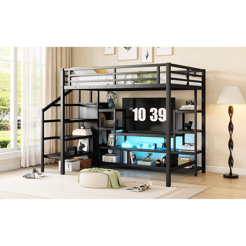 Lit mezzanine en métal avec meuble télé et mobilier de chambre à coucher élégant - Marches fonctionnelles noires, Noir