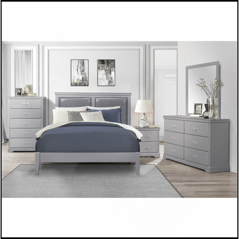 Mobilier de chambre classique en bois avec tête de lit à panneau tapissier 1pc, Gris, Grand lit
