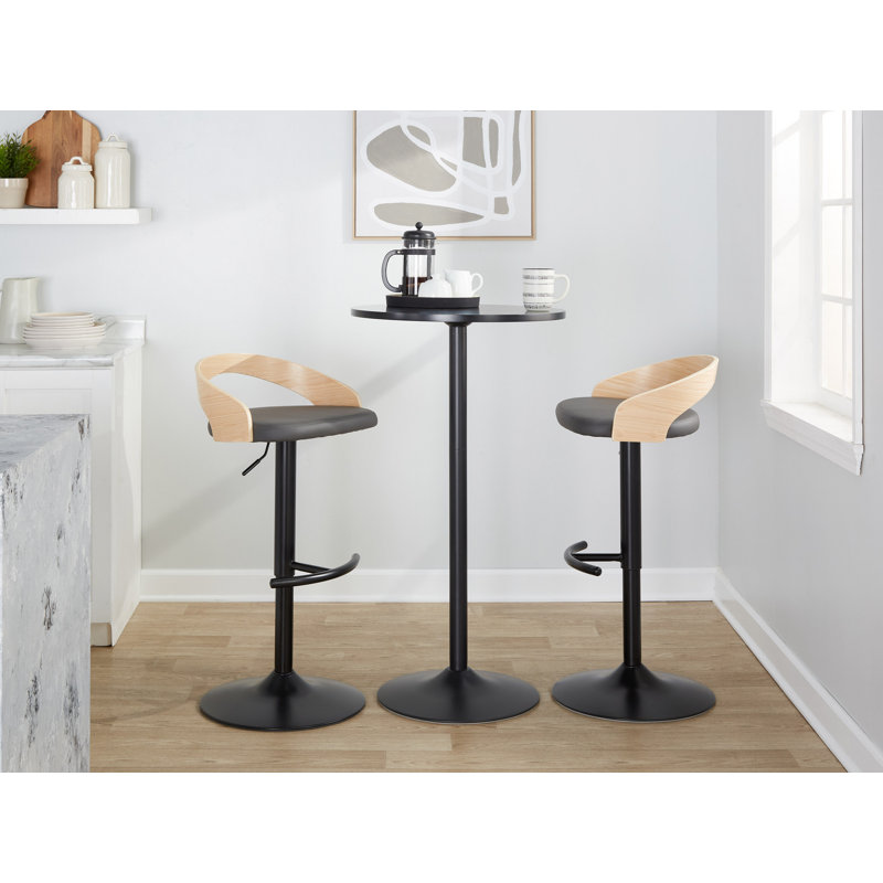 Tabouret réglable avec pivot en métal noir, bois naturel et similicuir gris avec repose-pieds arrondi en T - ensemble de 3