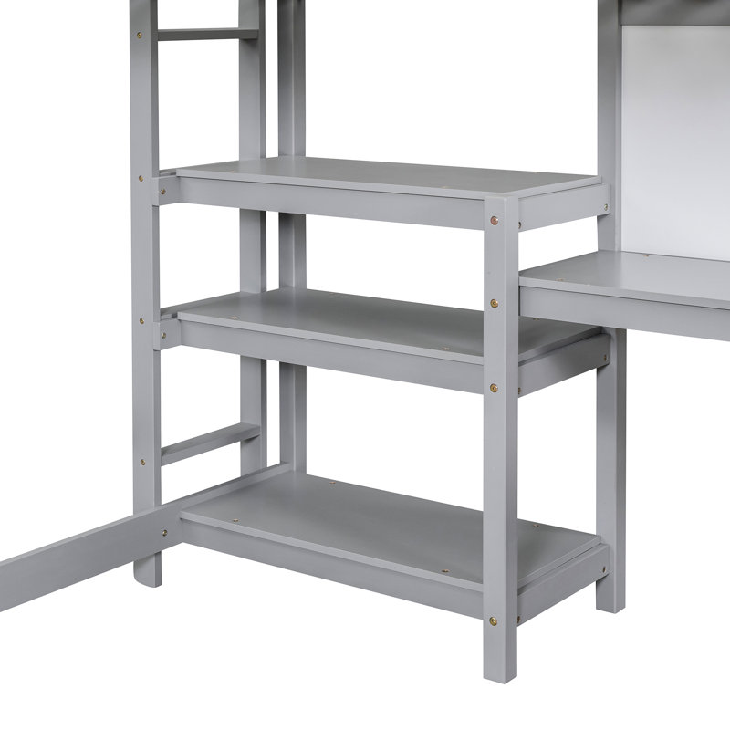 Lit mezzanine simple en bois avec tablettes, bureau, tableau d'écriture - ornement gris 3 po, Lit simple, Gris