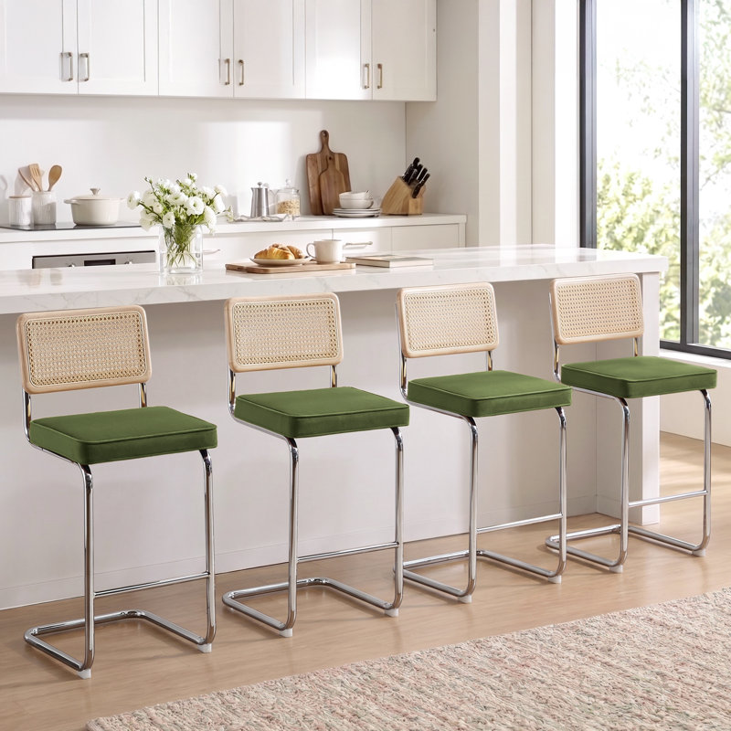 Tabouret de comptoir rembourré 26 po Marlow, 4, Velours vert olive / structure chromée, Hauteur du siège de 26 po