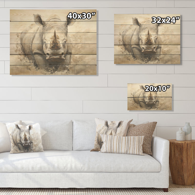 Mighty Strong Rhinoceros I - Rhinoceros, art sur bois de pin naturel, H 10 po x l 20 po