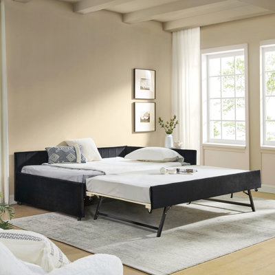Lit de jour double avec canapé-lit capitonné capitonné, structure de canapé-lit avec dossier confortable et accoudoirs, velours, noir (79,5 po x 58 po x 25 po)