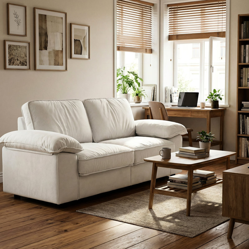 Crème blanc 2 avec compartiment caché, format compact de 79 pouces pour, sièges moelleux et rembourrage en velours rembourré, petits salons design, dossier à coussin de pieds