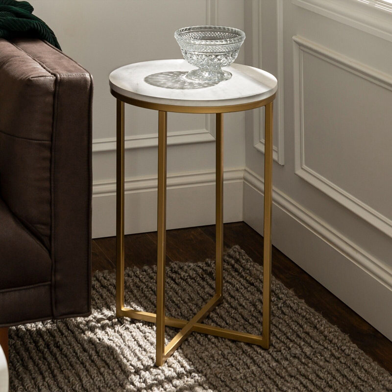 Mugsy Cross Legs End Table, Gold, White Marble