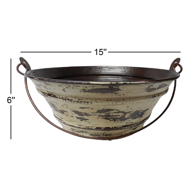 15" Round Copper Vessel Bucket Sink Antique White Exterior, Drain Included