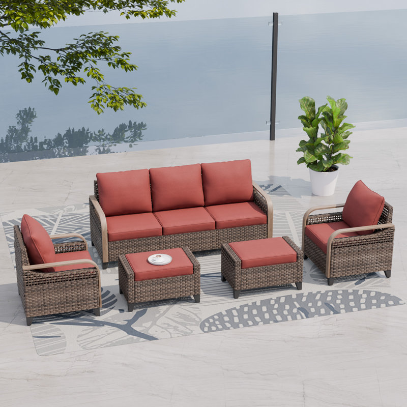 5 - Person Modular Patio Conversation Set with Cushions, Red