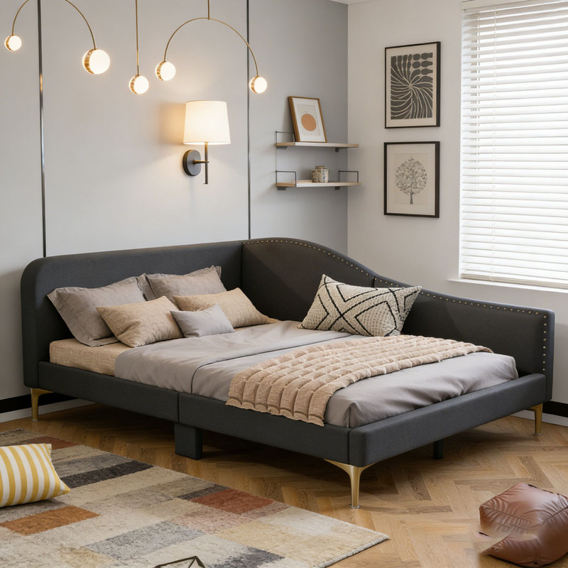 Upholstered Daybed with Headboard and Armrest, Gray, Twin
