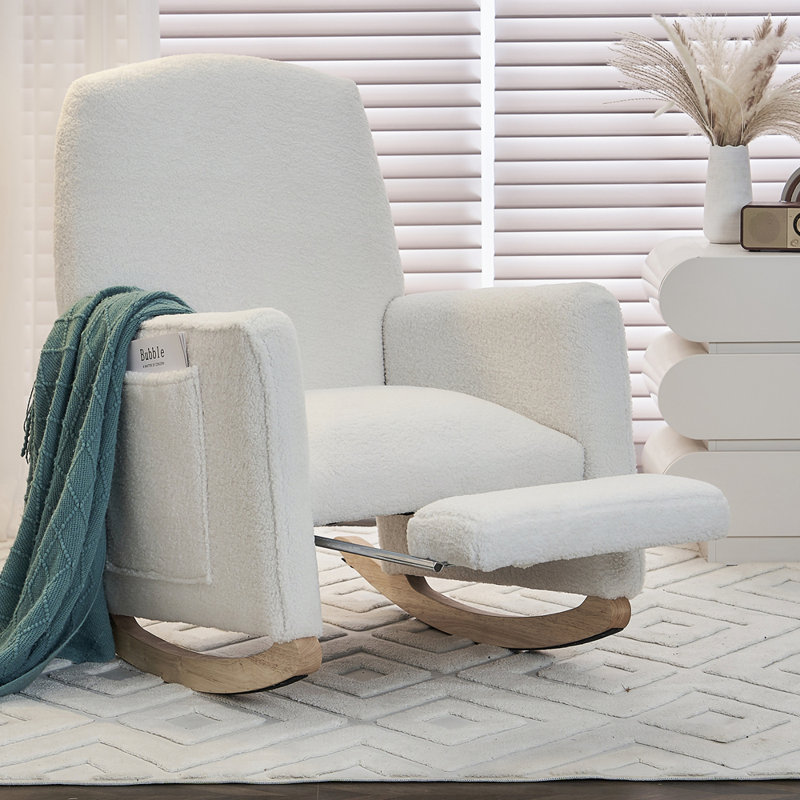 Chaise berçante en tissu avec repose-pieds Teddy, Ivoire ivoire