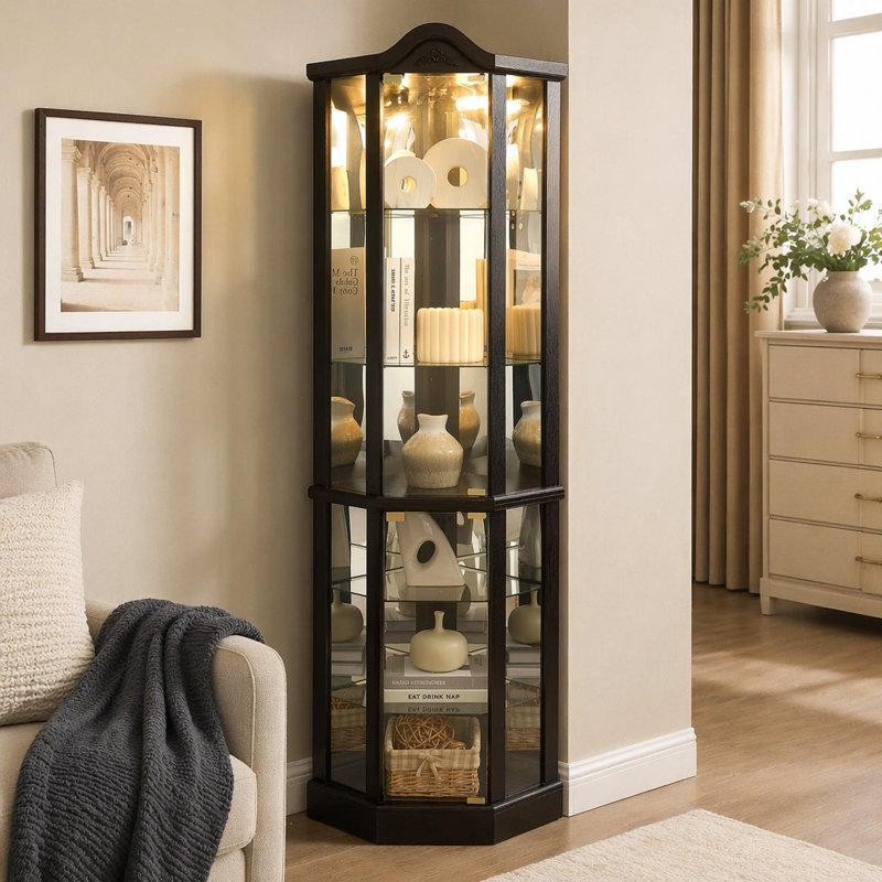 Vitrine de coin vitrée éclairée avec tablettes ajustables