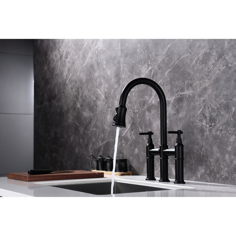 Matte Black Pull-Down Kitchen Tap - Exact Temperature And Flow Management, 360-Degree Rotating Nozzle, Brass Construction Bridge Style Faucet , Fine & Temp Spout, Solid