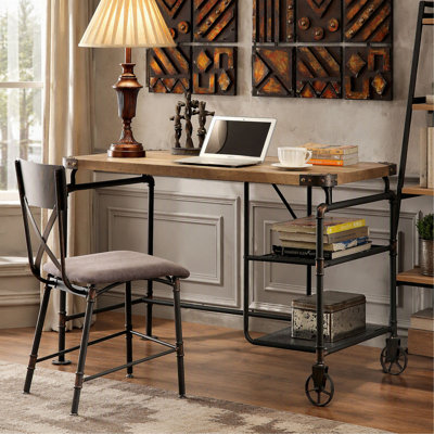 Bureau de style industriel, étagères ouvertes, roulettes, finition antique, mobilier de bureau