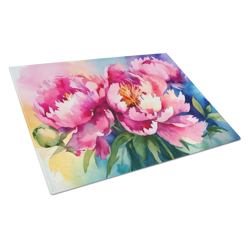 Pivoines dans une grande planche à découper en verre aquarelle
