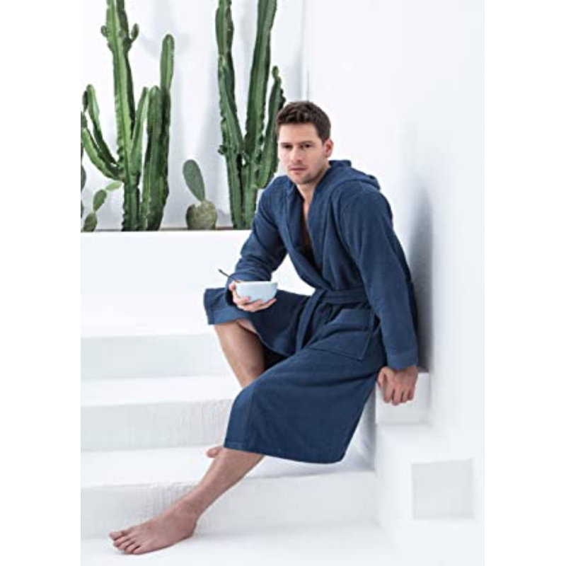 Peignoir turc en coton pour hommes, peignoir kimono en ratine, texturé long, garniture de tissage de riz - capuche, M