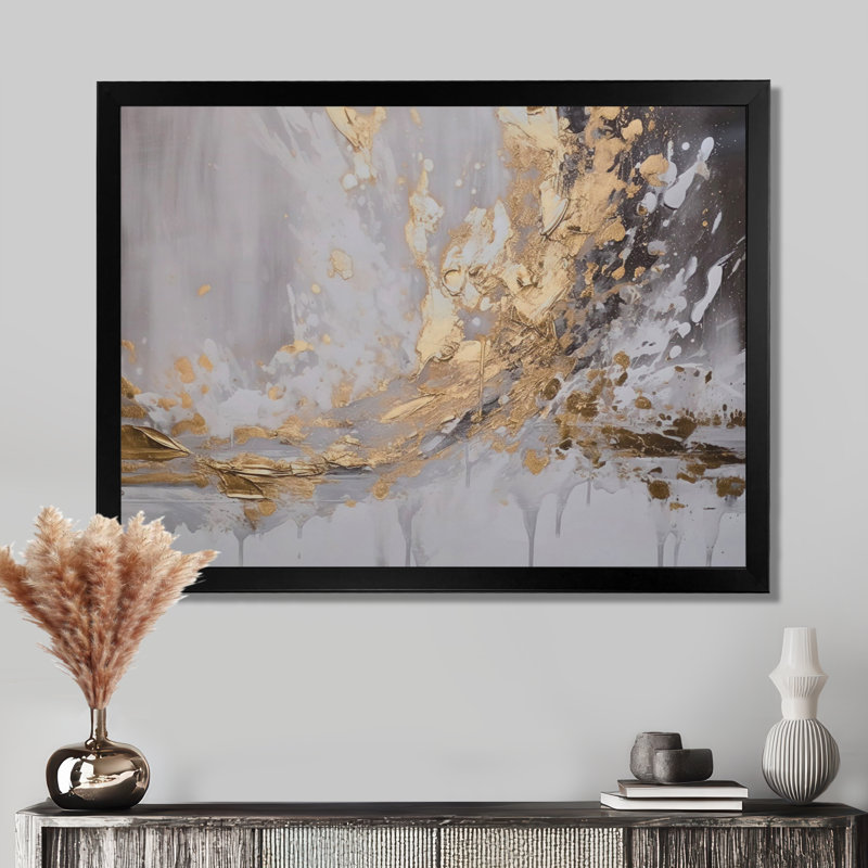 «Gold and White Collusion Abstract», art mural abstrait, impression sur toile moderne, H 16 po x l 32 po, Cadre photo unique