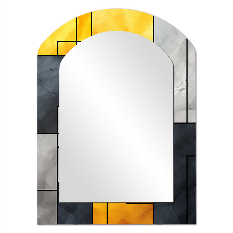 Jaune et gris géométrique fusion 5 - grand miroir asymétrique géométrique, miroir mural décoratif arche moderne, impression d'art en métal