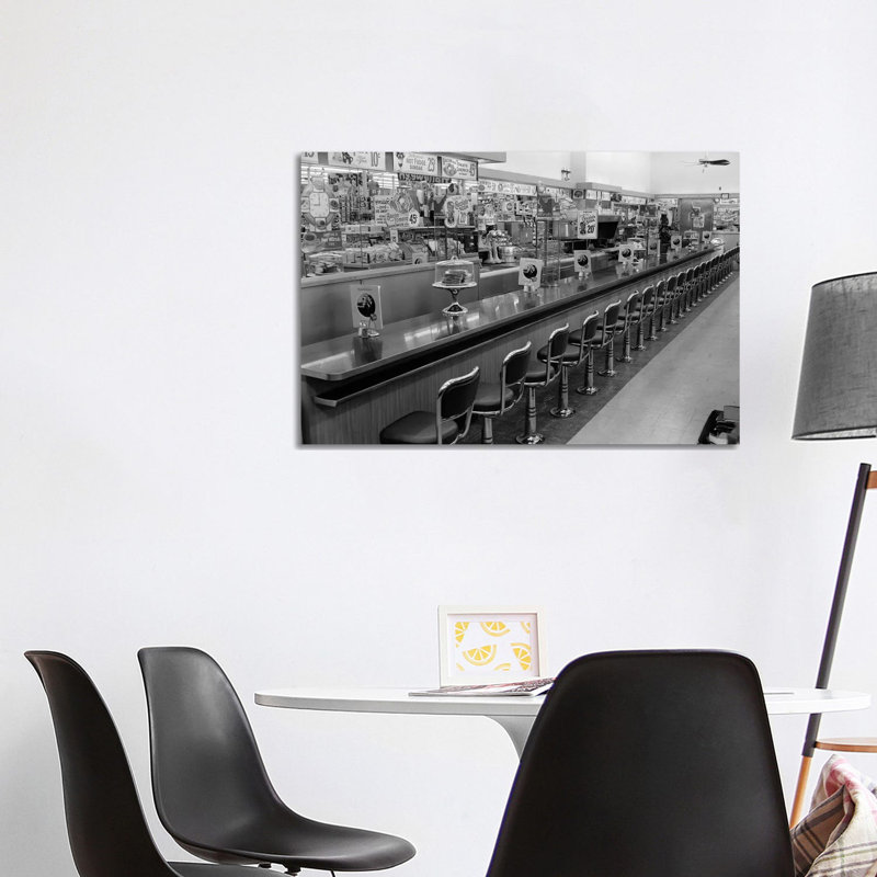 1950s-1960s Interior of Lunch Counter with Chrome Stools 1 Piece Wrapped Canvas Wall Art