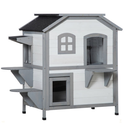 2-Story Cat House Outdoor, Weatherproof Wooden Cat Enclosure For Feral Cats With Escape Door