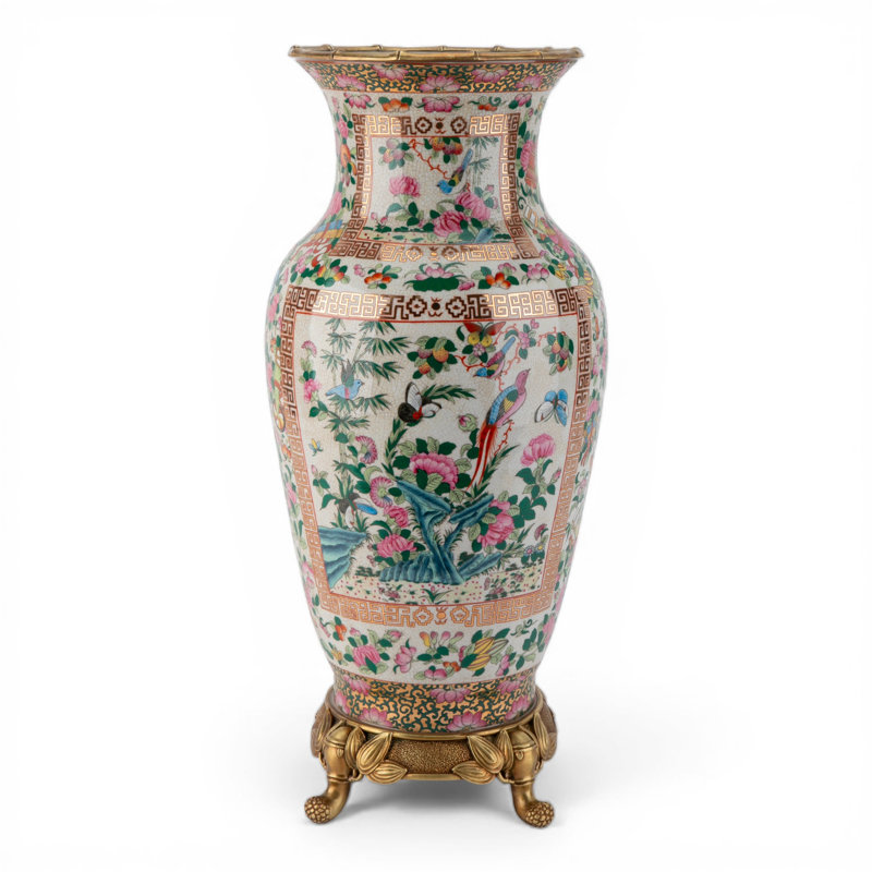 Rose Canton Porcelain Luxury Vase with Bronze Ormolu