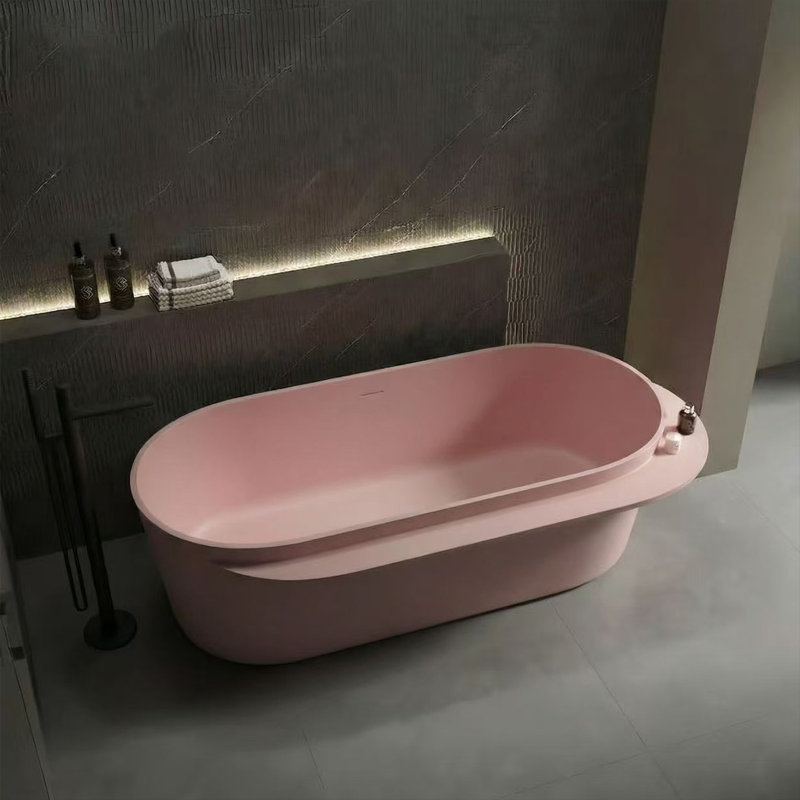 Baignoire de trempage autoportante ovale à surface solide de couleur rose pour salle de bain