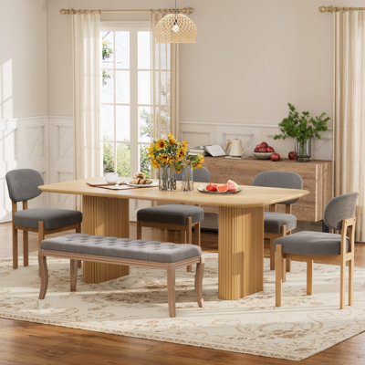 Djanira Farmhouse Wood Dining Table Set, Wooden MDF Table And Upholstered Chairs And Tufted Bench For Dining Room