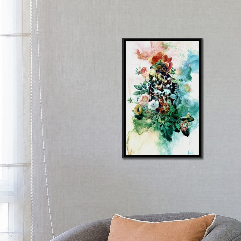 «Bird in Flowers», impression sur toile, H 26 po x l 18 po x P 1,5 po, Toile avec cadre noir, Pas de tapis