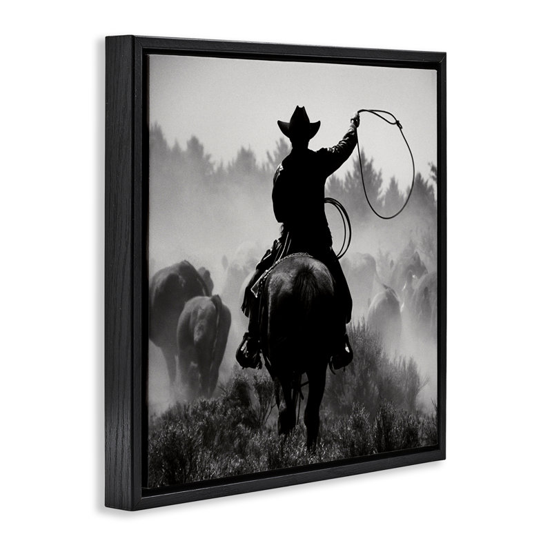«Cowboy Swinging Lasso», toile encadrée flottante dorée par Danita Delimont, Cadre flottant noir de jais, H 18 po x l 18 po