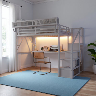 Full Size Metal Loft Bed With Stairs And Light For Kids Teens