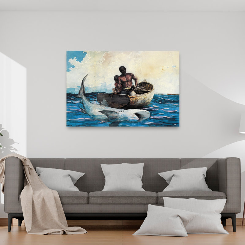Shark Fishing, 1885 Classic Contemporary Fish Shark Ocean Summer Wall Art Print by Winslow Homer - 1 Piece Wrapped Canvas Wall Art