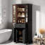 Grande armoire de rangement pour salle de bain avec portes en verre trempé, tablettes réglables, tiroir et fermeture en douceur-1036644578