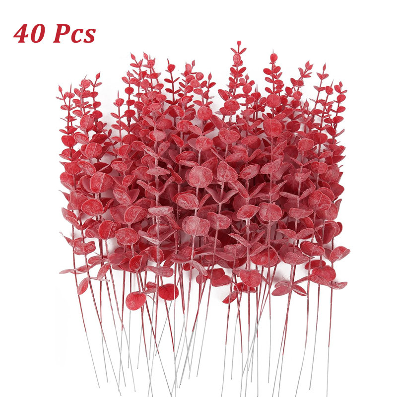 40 pièces de feuilles d'eucalyptus rouges tiges de feuilles artificielles décoratives pour un arrangement intérieur extérieur