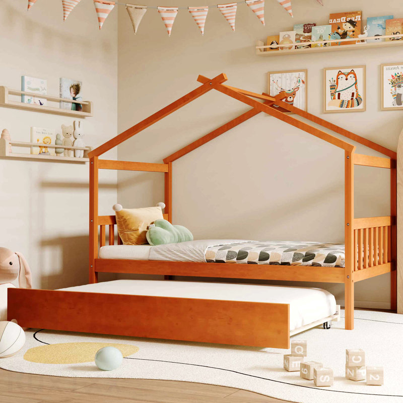 Lit simple en bois avec lit gigogne simple, noyer