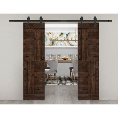 Porte de grange coulissante double en bois massif avec trousse de quincaillerie brevetée S Series - assemblage requis