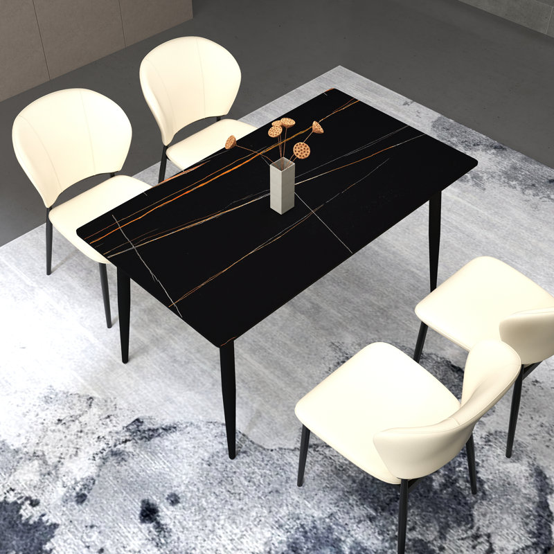 Table de salle à manger moderne à 4 pieds avec plateau en pierre frittée, Noir / Noir