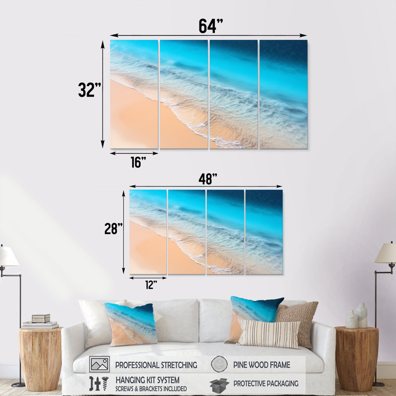 Tropical Beach, vue aérienne des vagues IV - plage et océan, ensemble 4 pièces d'art mural, H 32 po x l 64 po