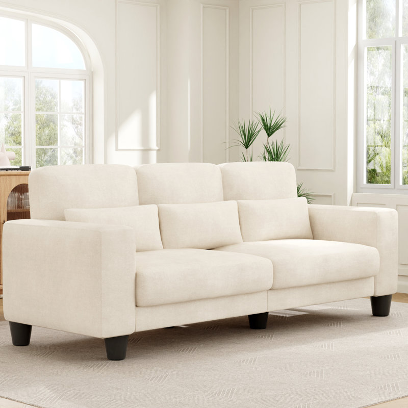 Modern 220CM 3-Seater Chenille Sofa With Wooden Frame and Square Armrests, Beige