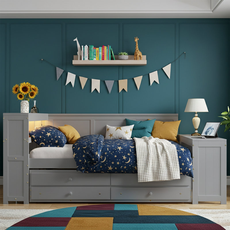 Lit de jour double avec bureau intégré et station de charge - Canapé-lit de rangement long de 103 po - Gris, Gris