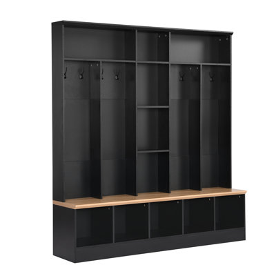 Elegant Hall Tree With Storage Bench – Minimalist Shoe Cabinet With Cube Storage & Shelves – Multifunctional Coat Rack With 8 Hooks For Entryways And Mudroom, Black