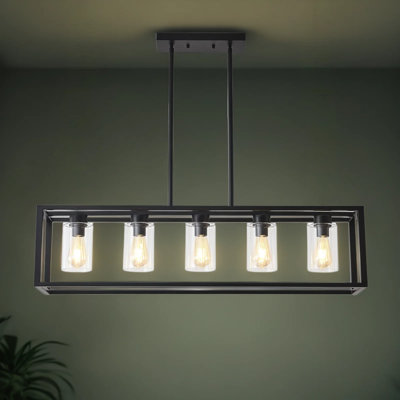 Luminaire de salle à manger de style ferme avec abat-jour en verre, luminaire suspendu rectangulaire à 5 lumières pour îlot de cuisine, lustre noir moderne à hauteur réglable pour l'entrée de la salle à manger de cuisine