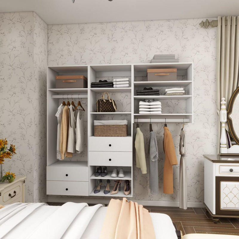 Système d'organisation modulaire blanc avec 2 tringles, 4 tablettes et 4 tiroirs