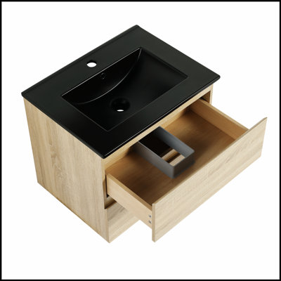 Meuble-lavabo mural 24 po avec lavabo en céramique noire et 2 tiroirs à fermeture en douceur, parfait pour les salles de bain modernes