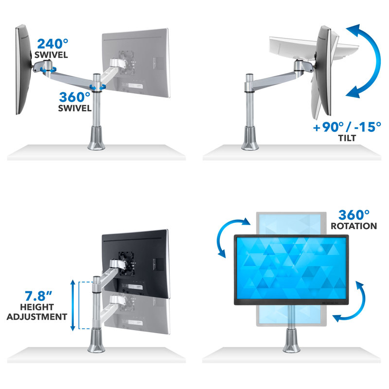 Silver Adjustable Single Monitor Desk Mount with Grommet Clamp