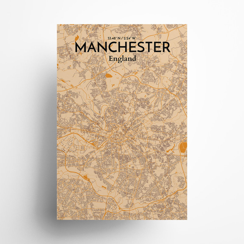 Manchester, Royaume-Uni, carte de la ville - ensemble d'imprimés non encadrés, Orange / or pâle, H 36 po x l 24 po