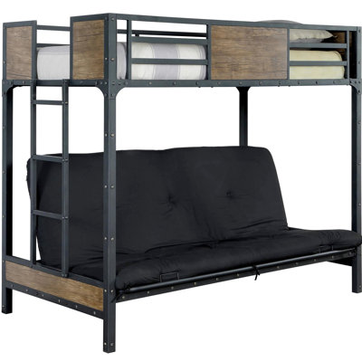 Lit superposé industriel avec futon simple, attaché, panneaux de bois, finition noire, structure entièrement en métal, garnitures cloutées, matelas non inclus, futon, métal, garniture,