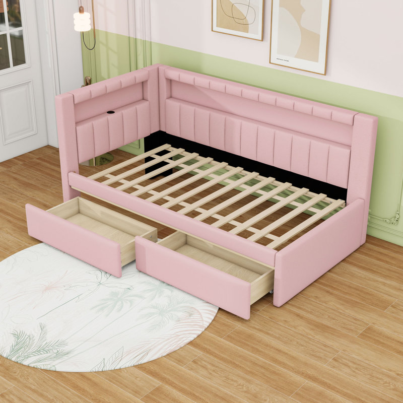 Twin Upholstered Platform Bed with LED and USB Ports and 2 Drawers, Pink
