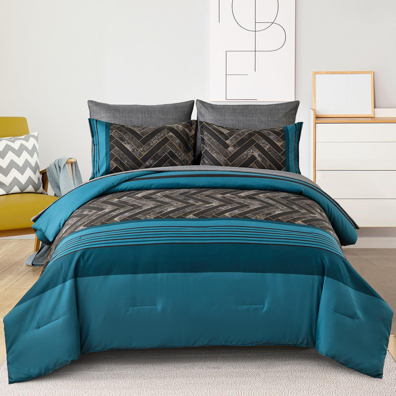 Ensemble d'édredon géométrique à rayures 7 pièces, ensemble de literie toutes saisons en microfibre douce, Blue