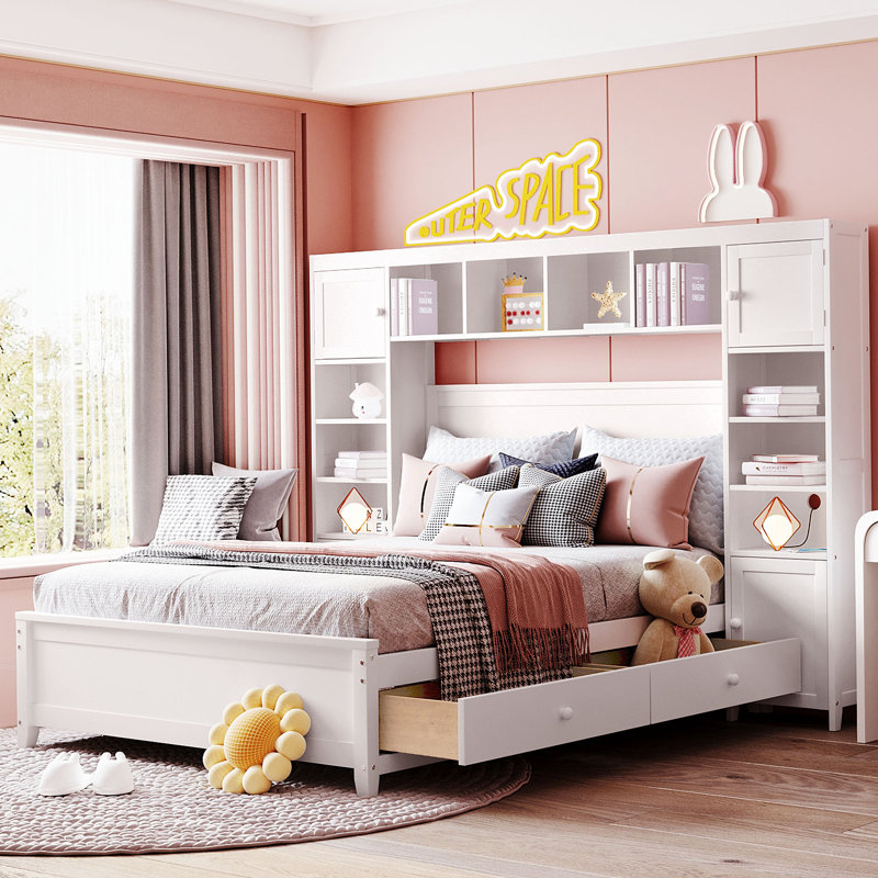 Lit en bois avec armoire et tablette tout-en-un
