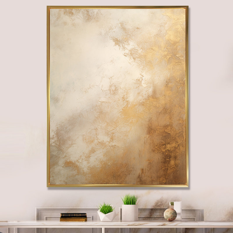 Tempêtes de minimalisme beige et or V, Cadre flottant doré, H 32 po x l 24 po x P 1 po