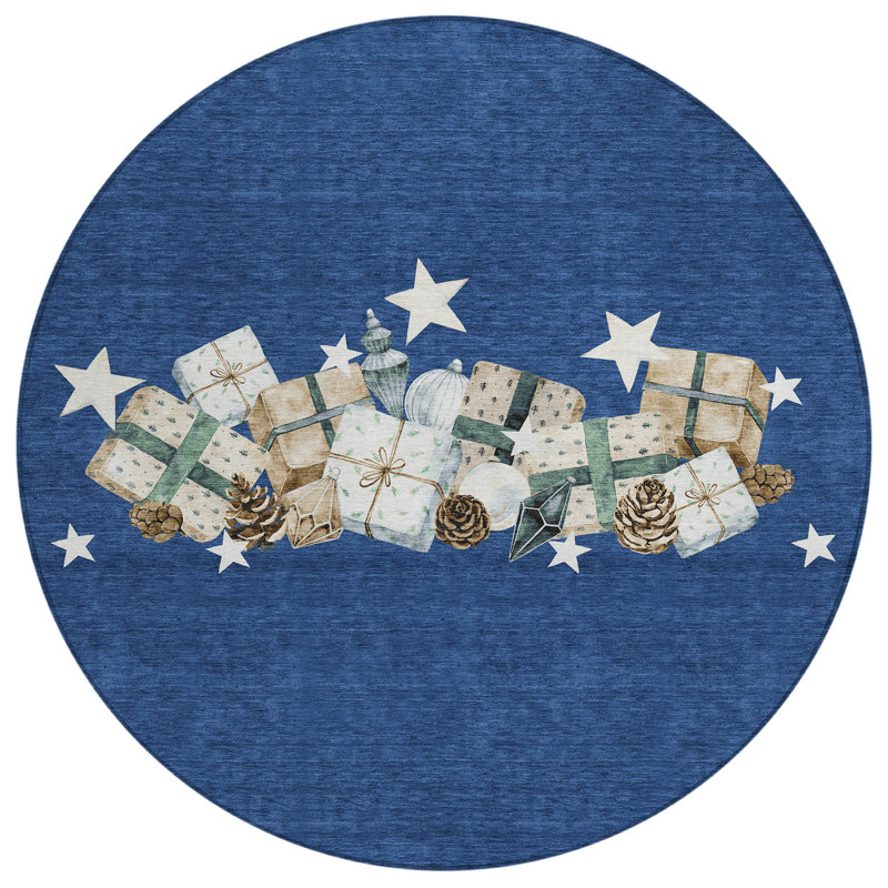 Machine Washable Indoor/Outdoor Christmas Presents Xhevrie Navy Rug, Round 8'