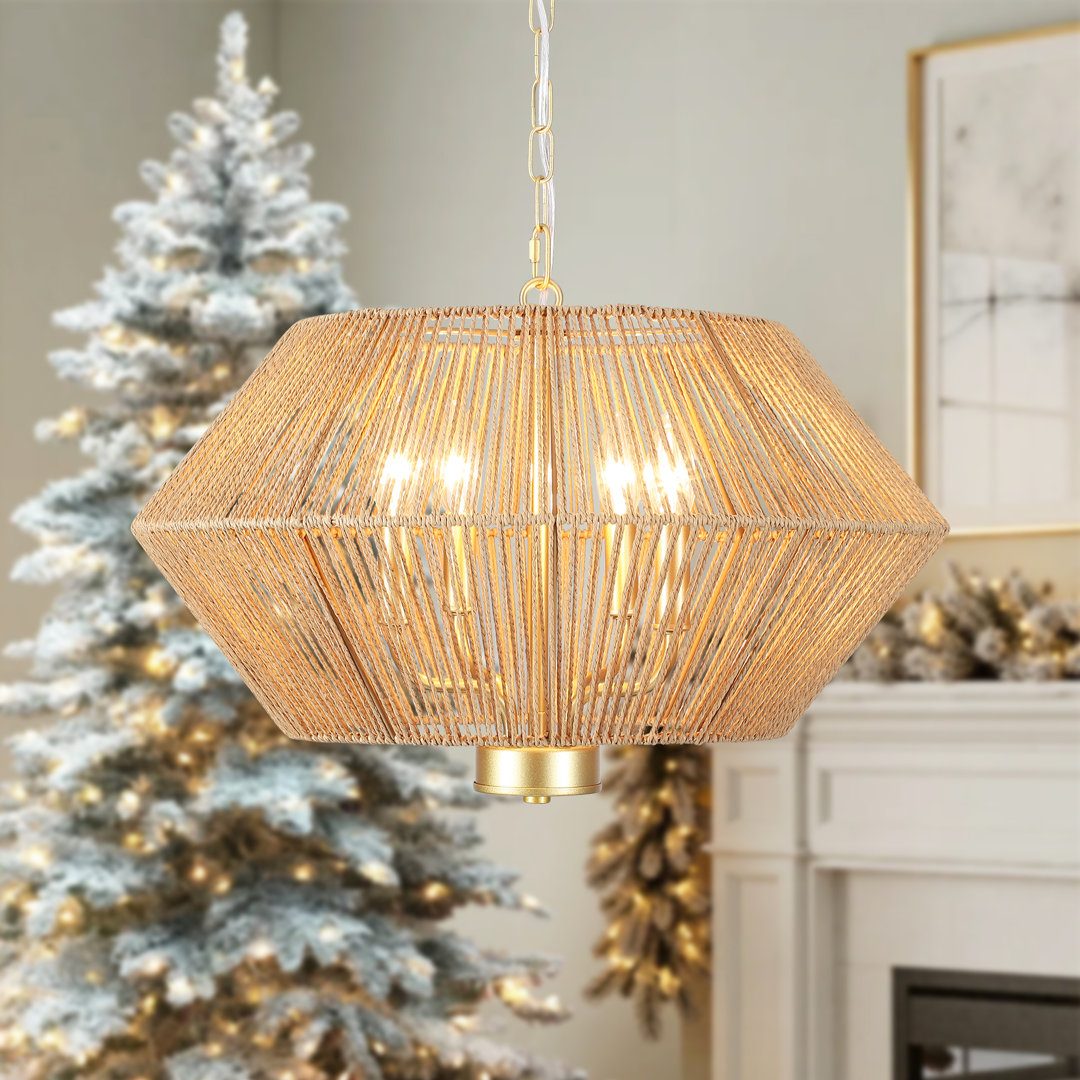 Bequette 4 - Light Dimmable Drum Chandelier Hand-woven Natural Rattan Bohemian Pendant Bay Isle Home™ 